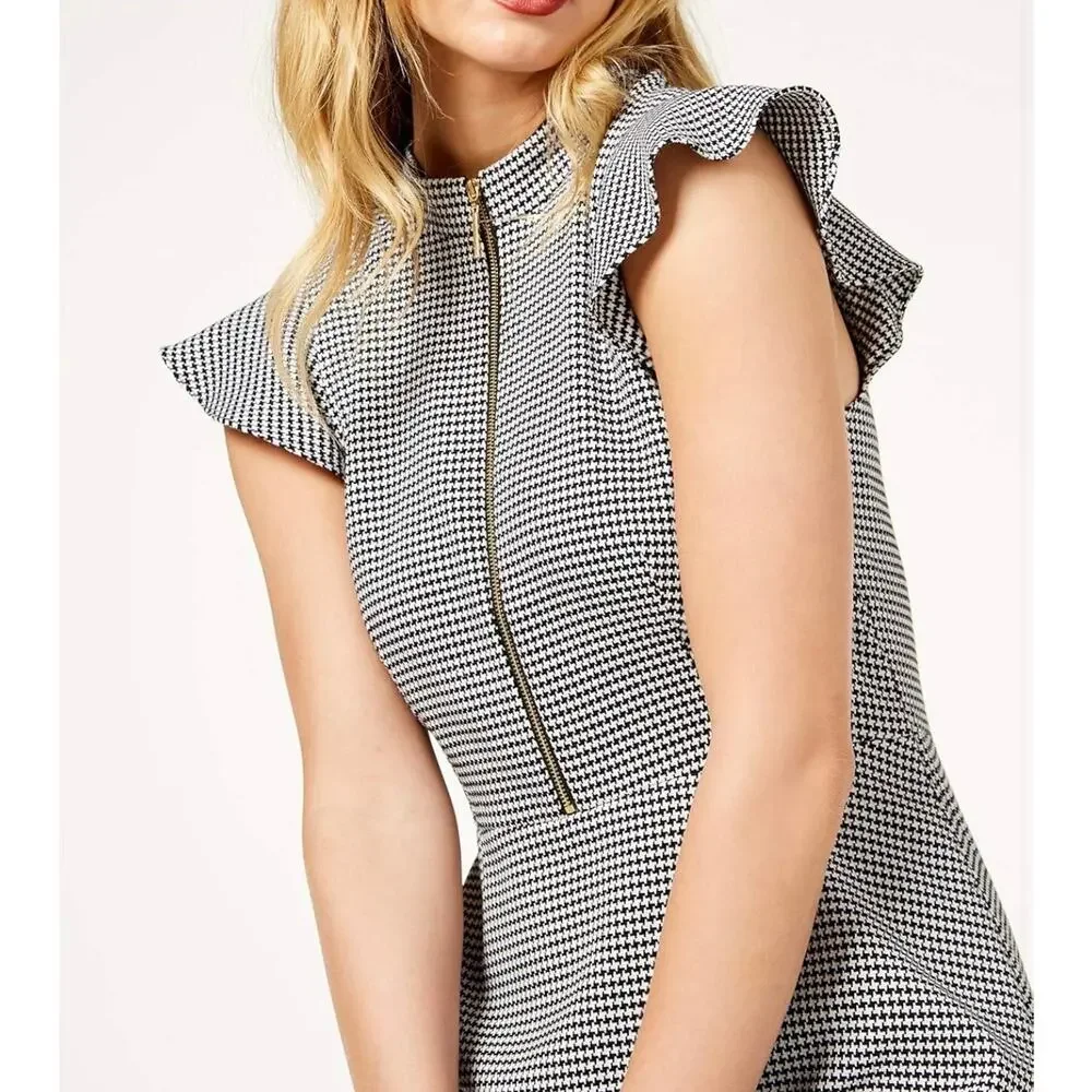 Rachel Zoe Black & White Shepherds check Flutter Sleeve Aline Dress Women's 6 - Picture 2 of 12